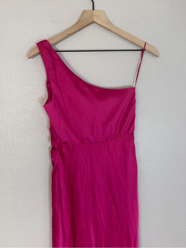 Abercrombie & Fitch Satin One Shoulder Knotted Midi Dress Fuchsia XS NEW $130 - Image 13