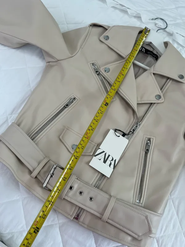 Zara Faux Leather Moto Jacket Biker Belted Streetwear Cream Ivory Size S - Image 8