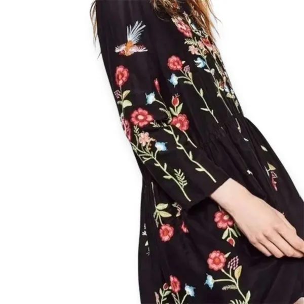 Zara Embroidered‎ Bird & Floral Black Shift Dress Cottagecore Bohemian Sz Small - Image 2
