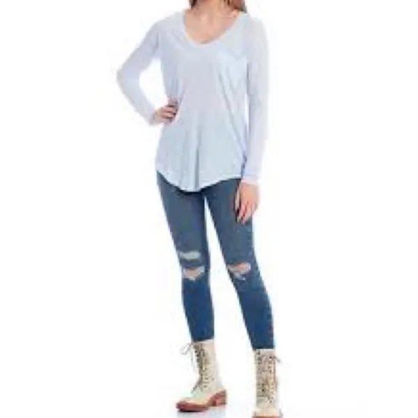 Free People We The Free Betty Long Sleeve Tee Top Sz M Sky Blue One Pocket - Image 2