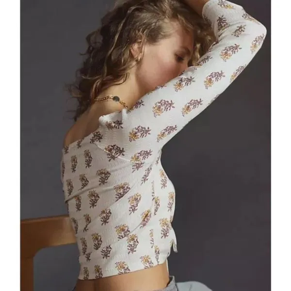 Anthropologie Sabrina Cinched‎ Crop Top Shirt neutral floral color Small Boho - Image 3