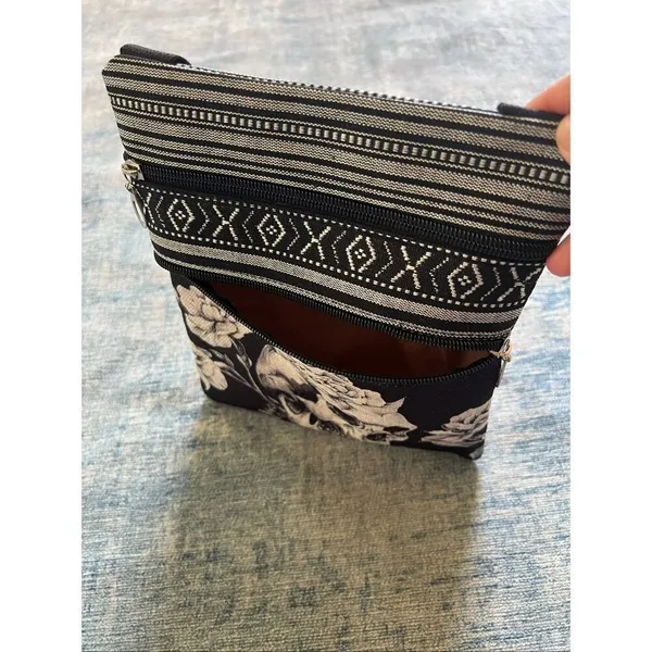 White Black Rose Flower Skull Cotton Canvas Two Pocket Crossbody Shoulder Pouch - Image 3