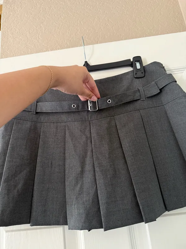 Zara Grey Belted Pleated Mini Skirt   - Image 3