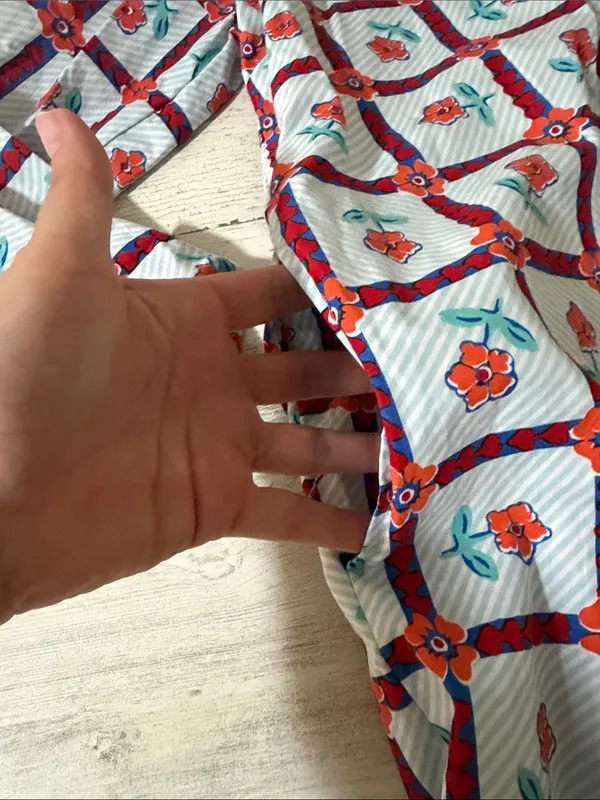 Livro Floral Grid Cotton Tunic Dress in Blue and Orange and Red - Image 3