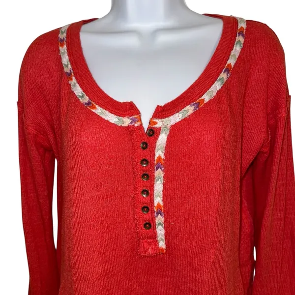 FREE‎ PEOPLE WE THE FREE Rainbow Thermal Waffle Knit Embroidered Henley Top M - Image 3