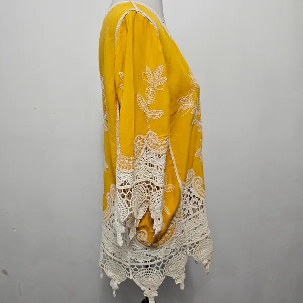 Cato Sunflower Yellow Embroidered Crochet Trim Tunic Size Large - Image 3