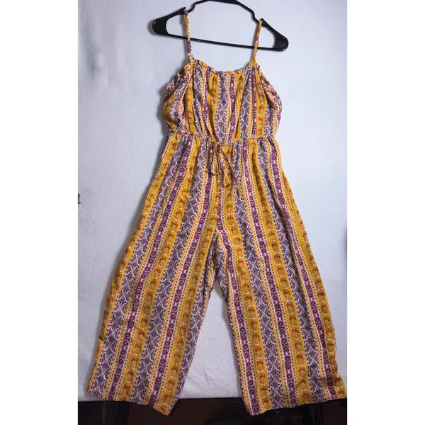 AUW Women Mustard Yellow Boho Striped Wide Leg Jumpsuit Large Floral Geometric - Image 3