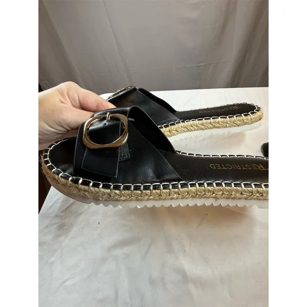 Restricted Womens Black Espadrille Slide Sandals Gold Buckle Jute Trim - Image 6