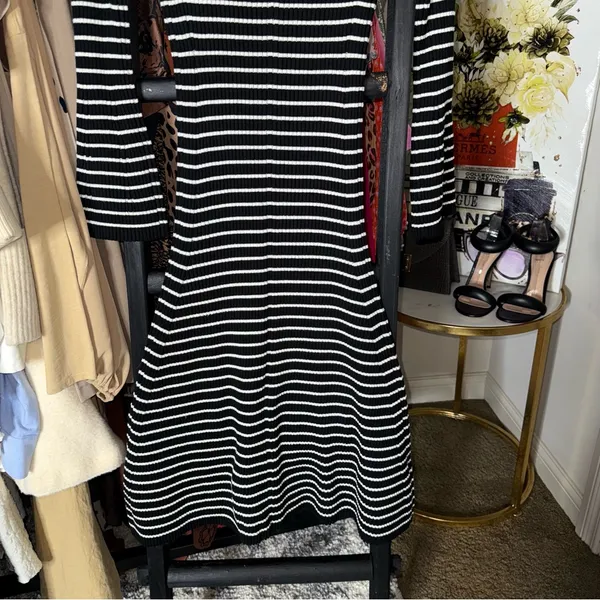 Club Monaco Black And White Striped Ribbed Midi Sweater Dress With Bell Sleeves - Image 7