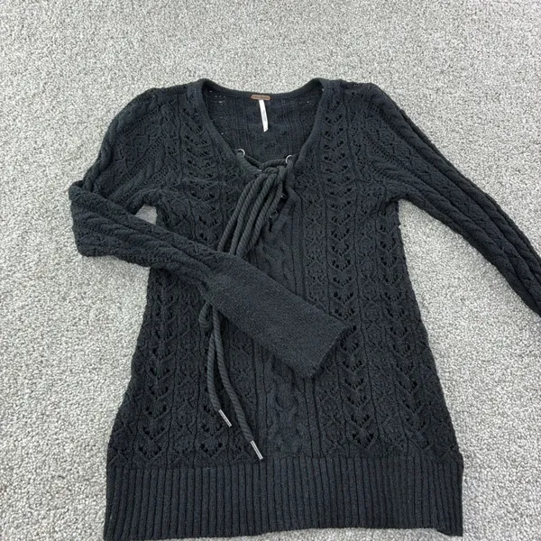 Free People Black Lace Up Crochet Knit Sweater Tunic Size‎ XS Casual Goth Moto - Image 3