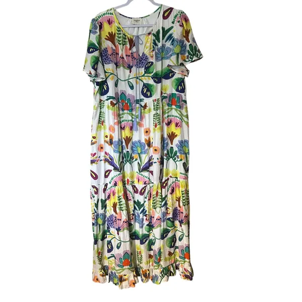 Hayden Los Angeles Maxi Dress Watercolor Floral Lined 1XL Tiered Tassel Boho - Image 2
