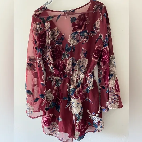 Akira Maroon Floral Long Flare‎ Sleeve Romper - Image 6