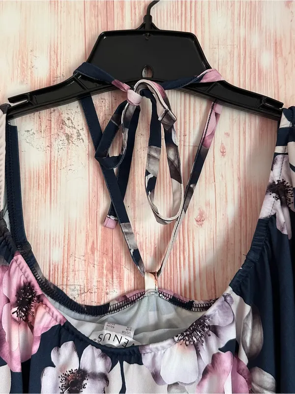 Venus Navy Blue Halter Pink Floral Flounce Top Mini Dress Size L - Image 10
