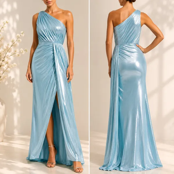 Mac Duggal One-Shoulder Metallic Aqua Blue Evening Gown Maxi Dress Size 4 New - Image 2