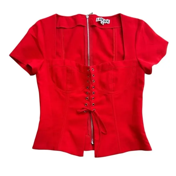 I. Am. Gia Womens Size M Evita Corset Crop Top Bright Red‎ Square Neck Going Out - Image 2