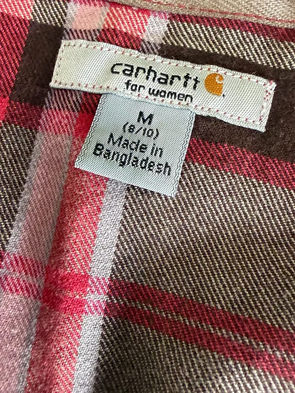 Carhartt Pearl Snap Hooded Pink Red Brown Plaid Cotton Flannel Shirt Medium - Image 4