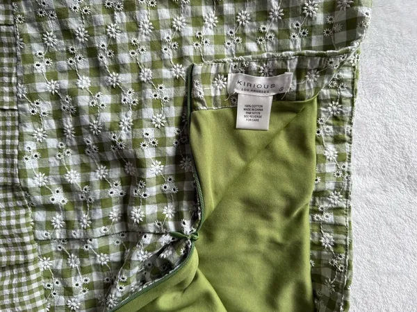 KIRIOUS Green Gingham Eyelet Mini Skirt Ruffle Hem Cottagecore - Image 3