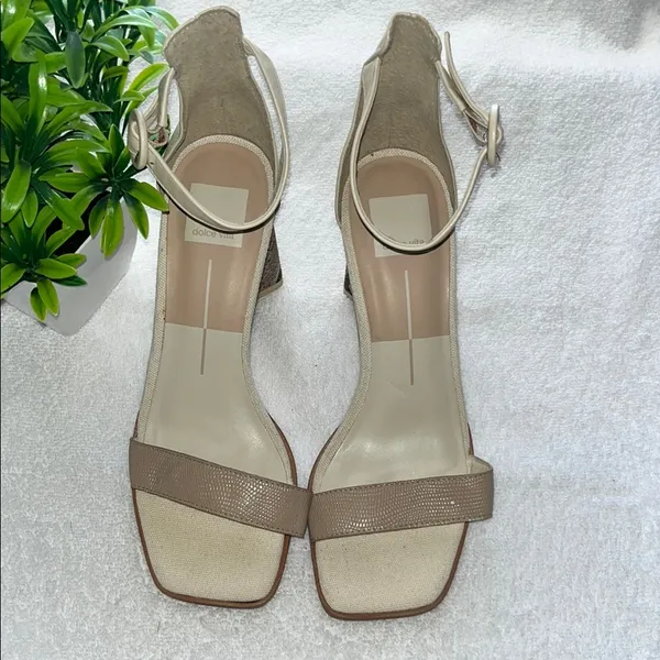 Dolce Vita Tan and Cream Heeled Sandals with Sculptural Heel - Image 2