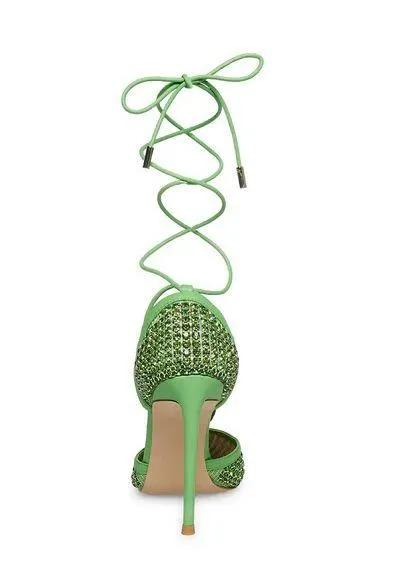 Green Silver Rhinestone Vanity Ankle Strap Heels - Image 4