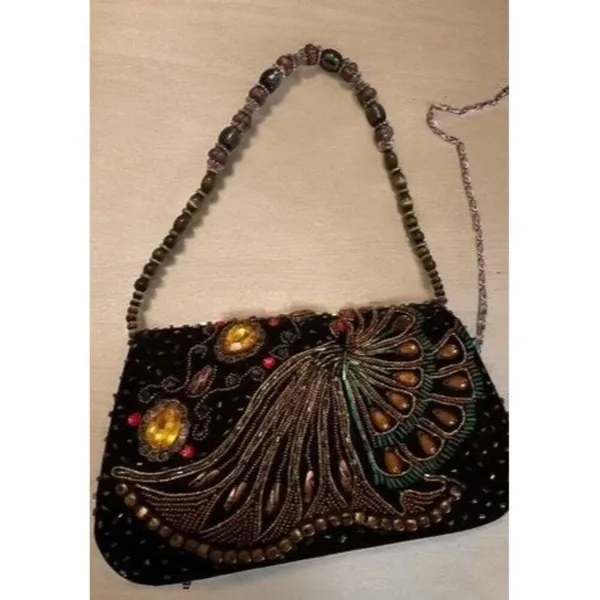 Beautiful Black Jeweled Beaded Crossbody Handbag Floral Fabric Pattern - Image 3