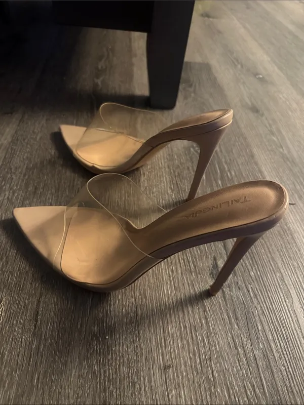 Nude Pointed Clear PVC Mule Heels Tan Size 9 - Image 5