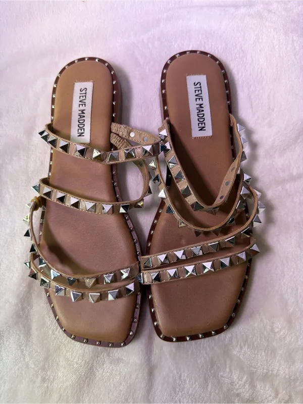 Steve Madden Nude Studded Triple-Strap Slide Sandals - Image 5
