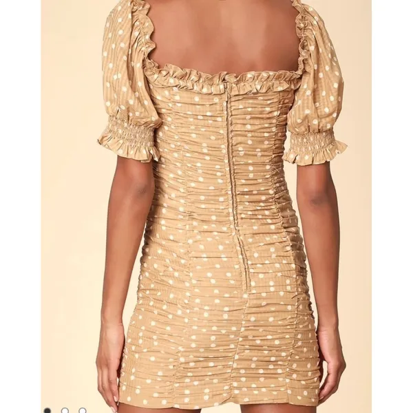 Finders Keepers Mini Dress Womens S Tan Polka Dot Ruched Puff Sleeve‎ Bodycon - Image 2