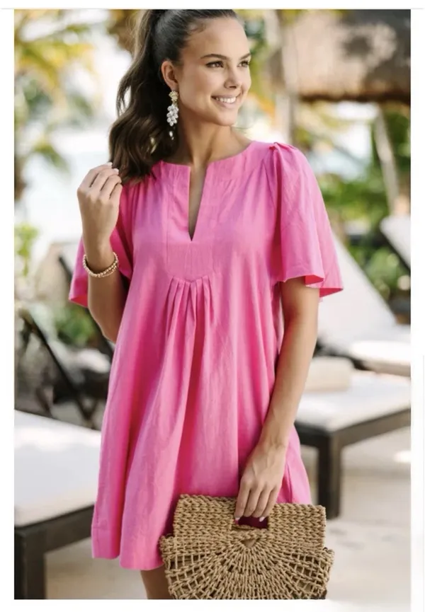 Boutique Pink Cotton Flutter Sleeve Babydoll Dress - Image 4