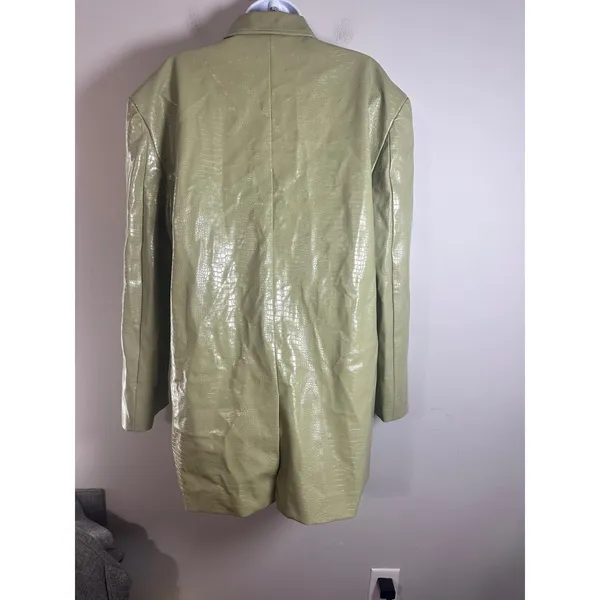 UNAULB Sage Green Crocodile Embossed Faux Leather Trench Coat Jacket Oversized - Image 6