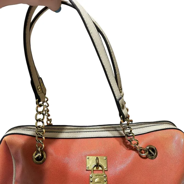 Anne Klein Satchel‎ Bag Womens Coral Cream Quilted Chain Shoulder Purse Padlock - Image 9