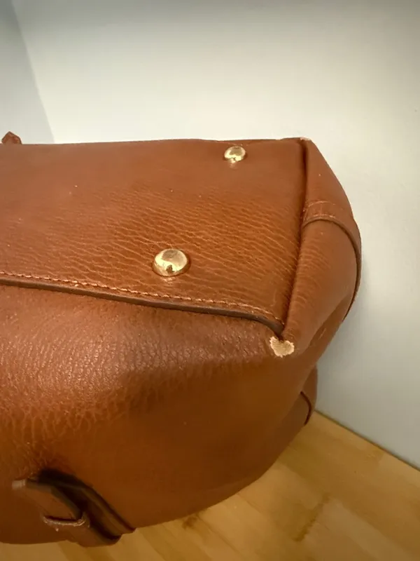 Sondra Roberts Squared Cognac Brown Tote with Gold Buckles Computer Bag or Purse - Image 9