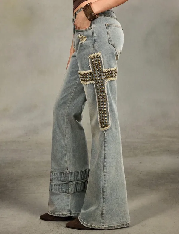 Womens Romwe Grunge Punk Cross Print Wide Leg Jeans, Size 6 (Medium), NWT - Image 2