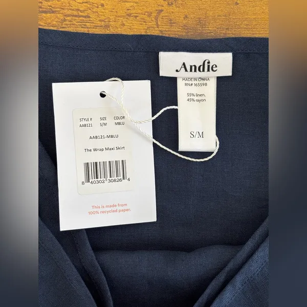 NWT Andie The Wrap Maxi Skirt Women's S/M Navy Blue Tie String Linen Blend - Image 3