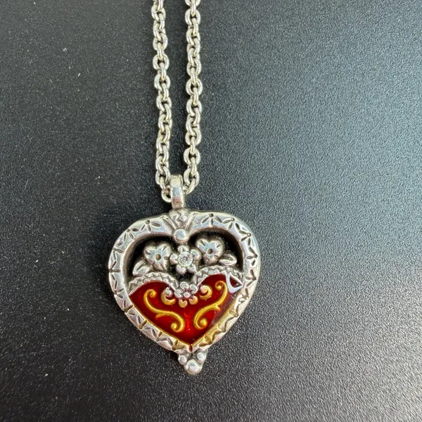 Brighton Joy Heart Necklace Reversible‎ Pendant Red Enamel Floral Silver Tone - Image 2