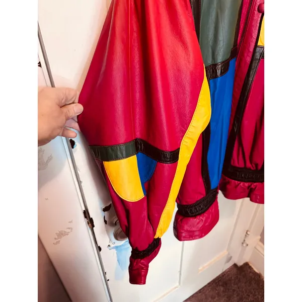 Vintage 80s/90s Mixed Blues Leather Batwing Colorblock Jacket - Image 10