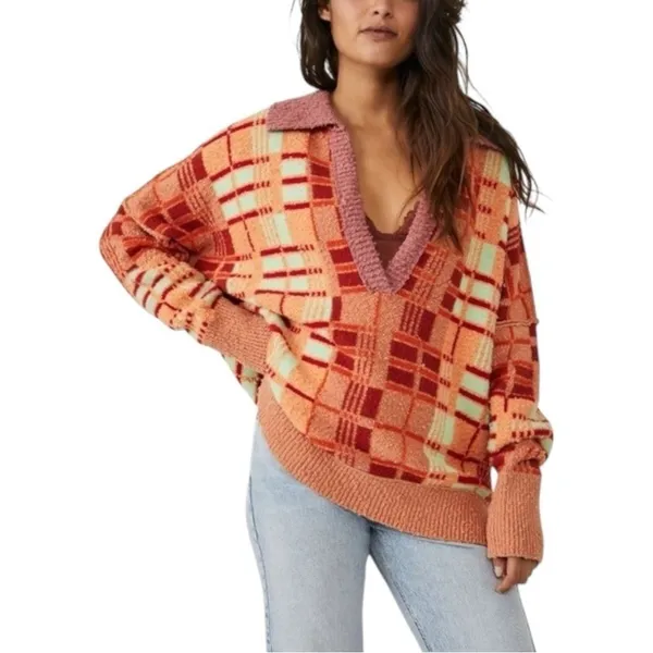 Free People Ruben Oversized Textured Plaid Collared Sweater‎ Boho Pullover M - Image 6