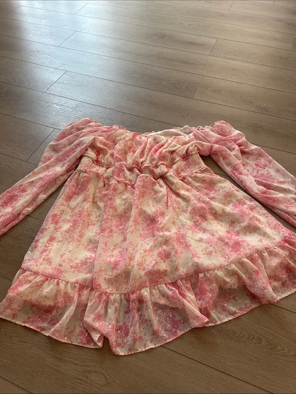 Arula Denali Floral printed Dress pink white and gold long sheer sleeves size 1X - Image 7