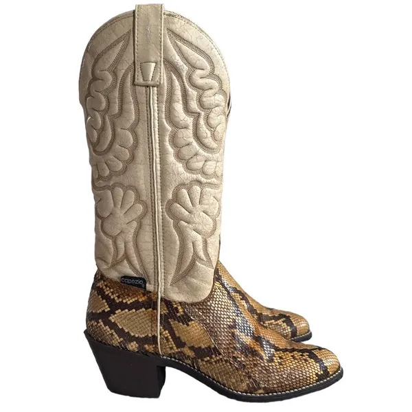 Vtg 70s 80s Capezio Snakeskin Cowboy Boots Cream Leather Western Cowgirl 5.5 USA - Image 3