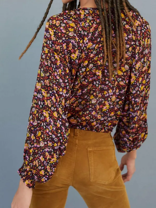 Anthropologie Pauline Balloon Sleeve Dark Floral Peasant Blouse XS Romantic - Image 2