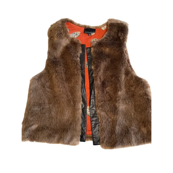 Cynthia Rowley Brown Faux Fur Vest with Orange Print Lining Size L Mobwife‎ fall - Image 3