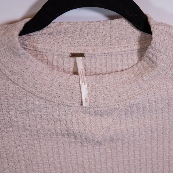 Free People Moutaineer Waffle Knit Lace Up Long Sleeve Crew Neck Tee Shirt Beige - Image 2