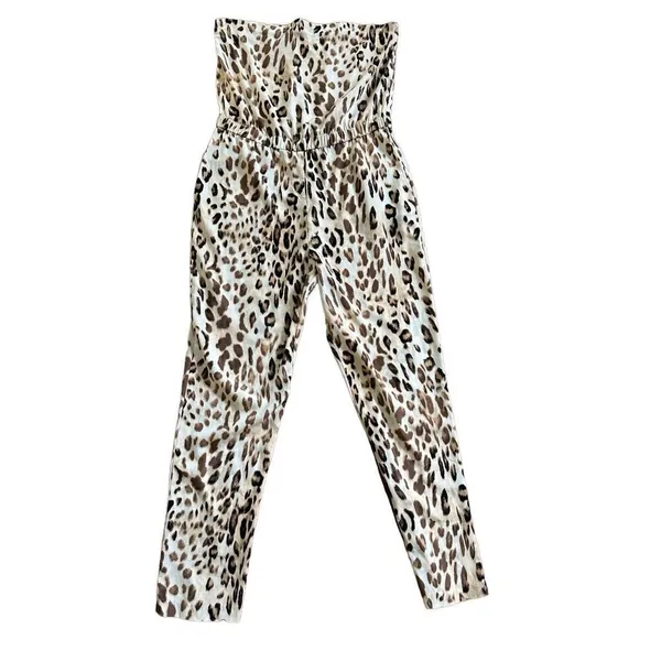 WAYF Leopard Print Jumpsuit Tan Brown‎ Strapless sz M - Image 5