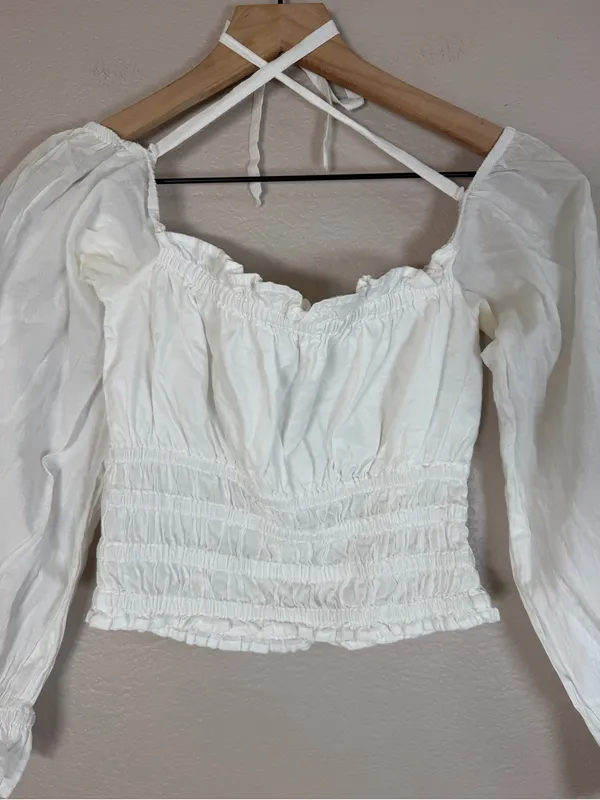 With Jean Fonda Top Long Sleeve Smocked Blouse White Small $219 - Image 12
