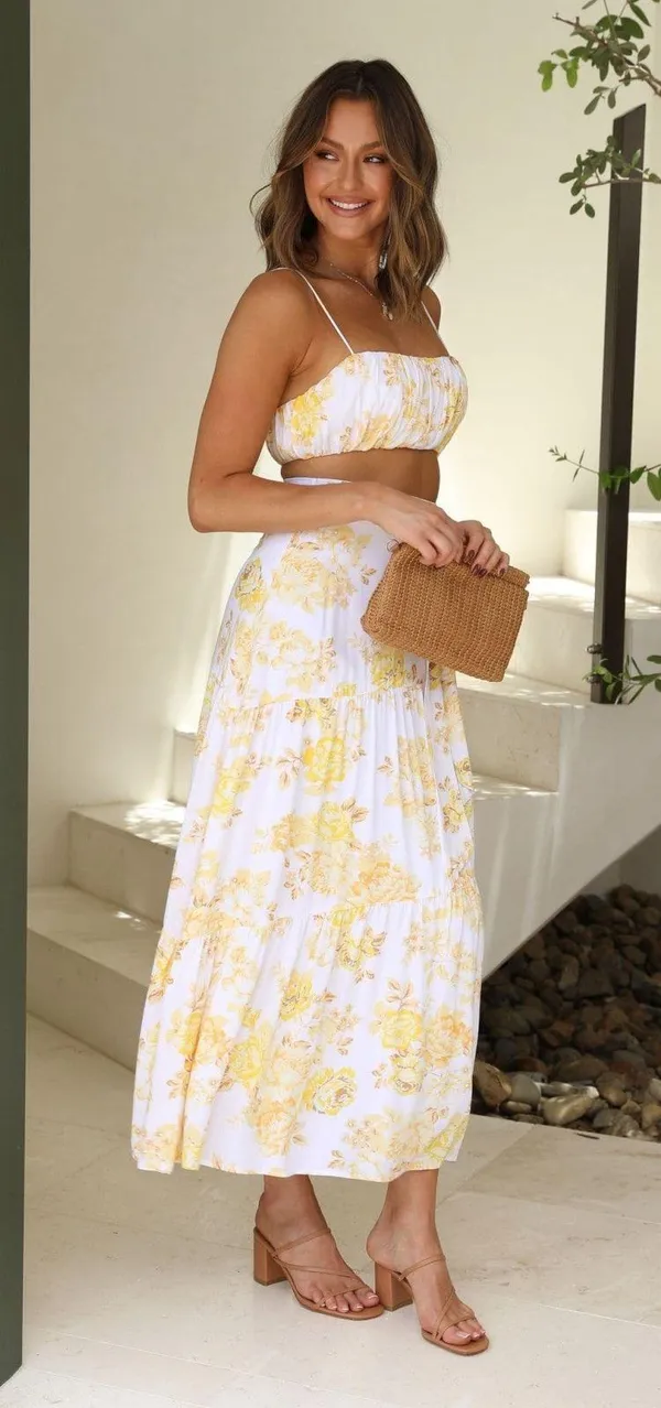 Boutique BILLY J Saraya White/Yellow Floral Top and Skirt Set - Image 2
