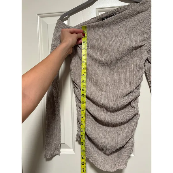 Zara Taupe Ruched Long Sleeve Off Shoulder Top M - Image 6
