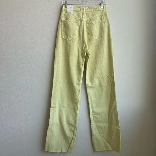 NWT Zara Wide Flare Leg Green Solid Wash Raw Hem Jeans High Rise Size 8 - Image 3