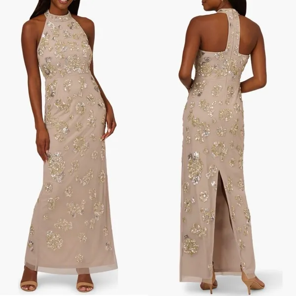 Adrianna Papell Sequin Floral High Neck Column Gown, Size 8, Marble/Mauve,‎ NWT - Image 2