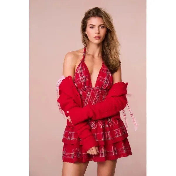 Loveshackfancy‎ NWT Deanna Halter Dress in Cherry Red Tartan Plaid Size XS - Image 2