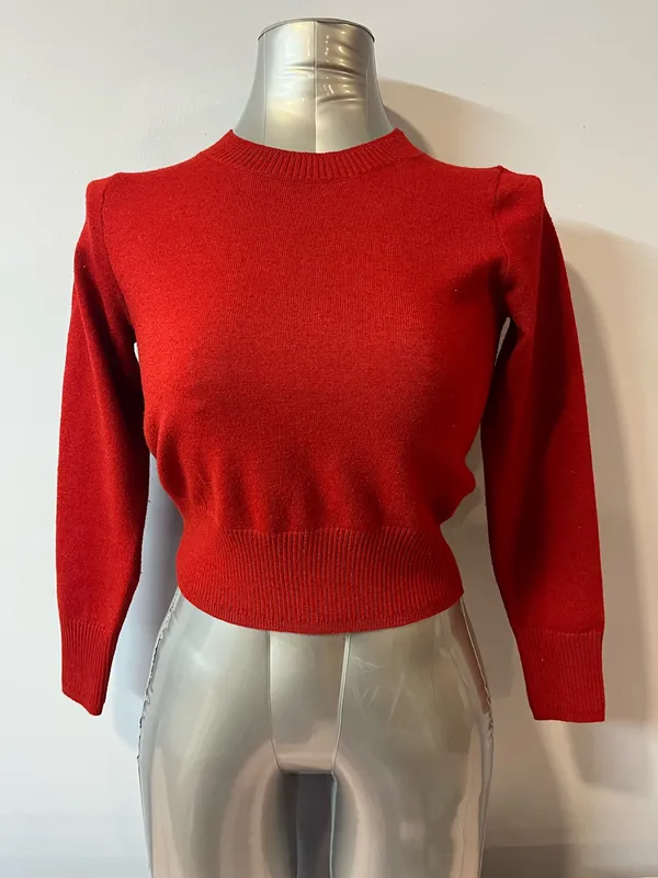 Título: Red Cropped Knit Sweater Crewneck Long Sleeve Size S - Image 6