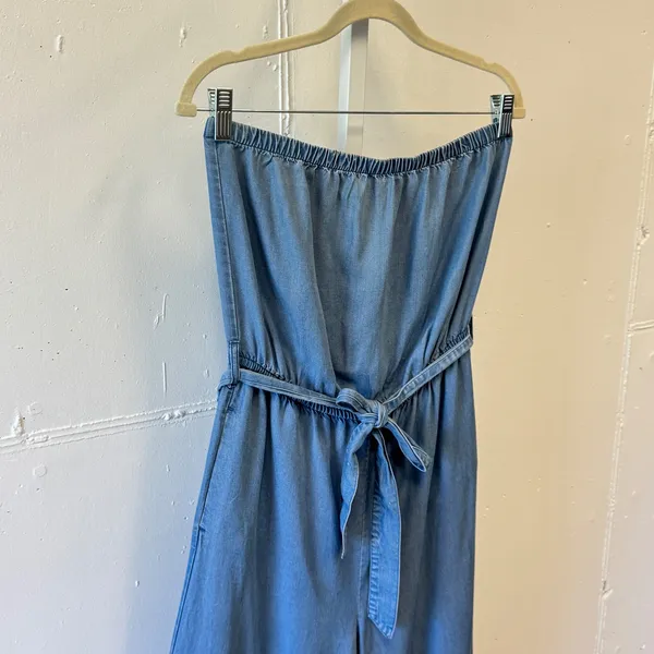 Forever 21 Strapless Lyocell Wide Leg Jumpsuit Medium Chambray‎ Belted Tube Blue - Image 3
